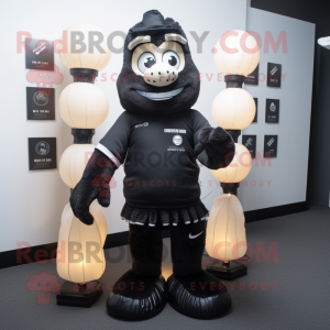 Black Scented Candle mascot costume character dressed with a Rugby Shirt and Messenger bags