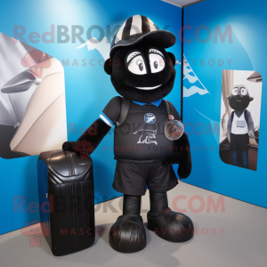 Black Scented Candle mascot costume character dressed with a Rugby Shirt and Messenger bags