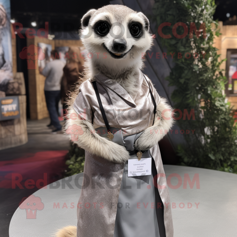 Silver Meerkat mascot costume character dressed with a A Line