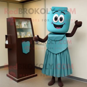 Teal Chocolate Bar mascot costume character dressed with a Cocktail Dress and Clutch bags