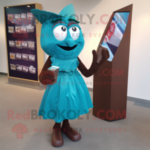 Teal Chocolate Bar mascot costume character dressed with a Cocktail Dress and Clutch bags