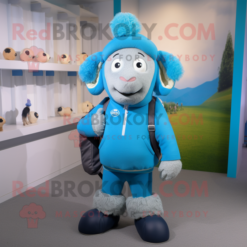 Sky Blue Suffolk Sheep mascot costume character dressed with a Sweatshirt and Messenger bags