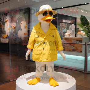 Lemon Yellow Geese mascot costume character dressed with a Swimwear and Hat pins