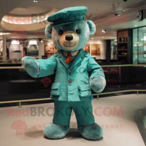 Teal Teddy Bear mascot costume character dressed with a Playsuit and Hat pins