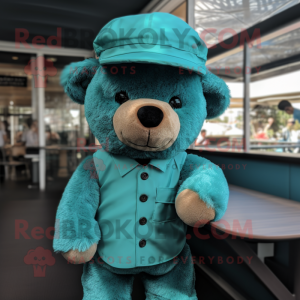 Teal Teddy Bear mascot costume character dressed with a Playsuit and Hat pins