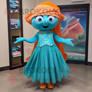 Teal Orange mascot costume character dressed with a Empire Waist Dress and Hair clips