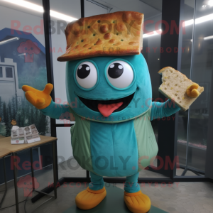 Cyan Grilled Cheese Sandwich mascot costume character dressed with a Turtleneck and Hats