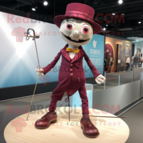 Maroon Tightrope Walker mascot costume character dressed with a Button-Up Shirt and Lapel pins