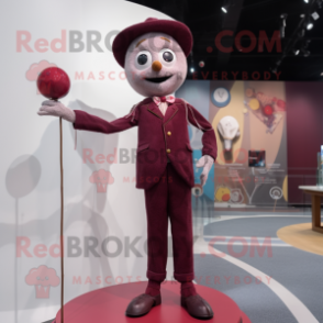 Maroon Tightrope Walker mascot costume character dressed with a Button-Up Shirt and Lapel pins