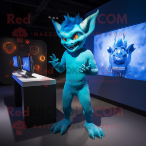 Cyan Devil maskot drakt...