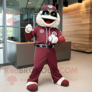 Maroon Baseball Ball mascot costume character dressed with a Jumpsuit and Bracelets