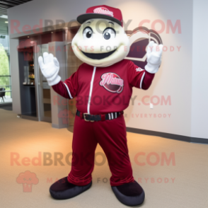 Maroon Baseball Ball mascot costume character dressed with a Jumpsuit and Bracelets