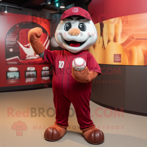 Maroon Baseball Ball mascot costume character dressed with a Jumpsuit and Bracelets