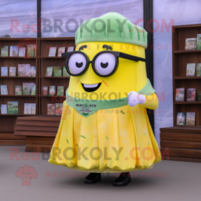 Lemon Yellow Corned Beef And Cabbage mascot costume character dressed with a Mini Skirt and Reading glasses