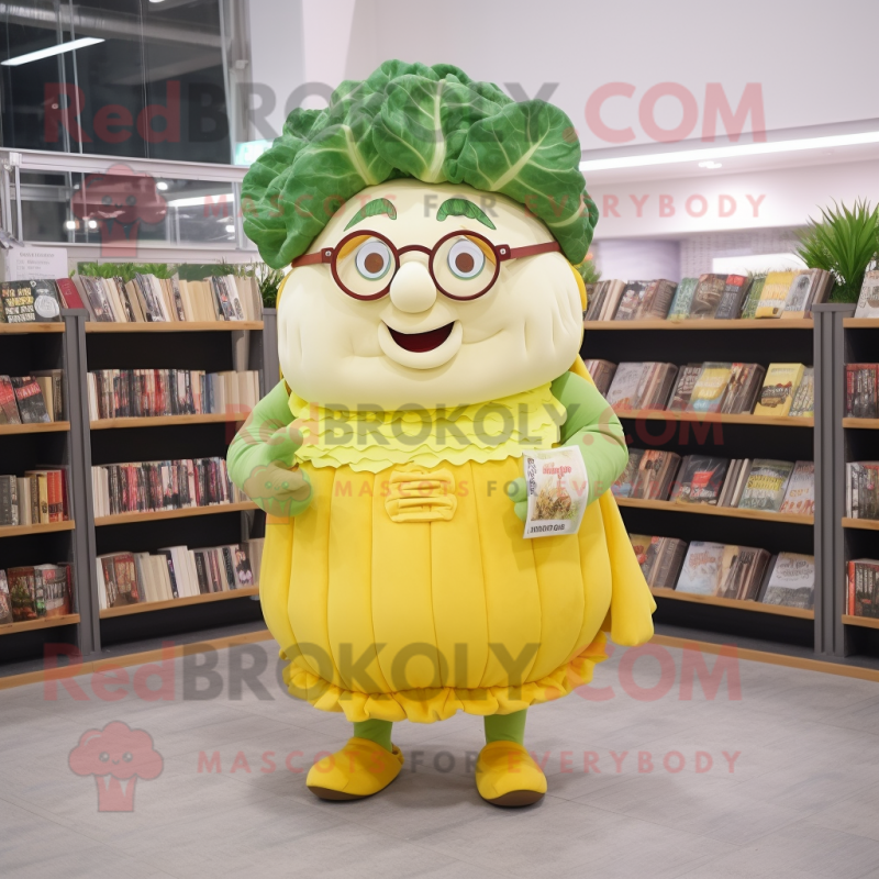 Lemon Yellow Corned Beef And Cabbage mascot costume character dressed with a Mini Skirt and Reading glasses