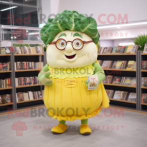 Lemon Yellow Corned Beef And Cabbage mascot costume character dressed with a Mini Skirt and Reading glasses