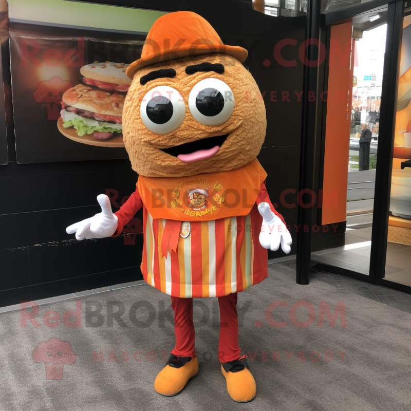Orange Hamburger mascot costume character dressed with a Oxford Shirt and Shawl pins