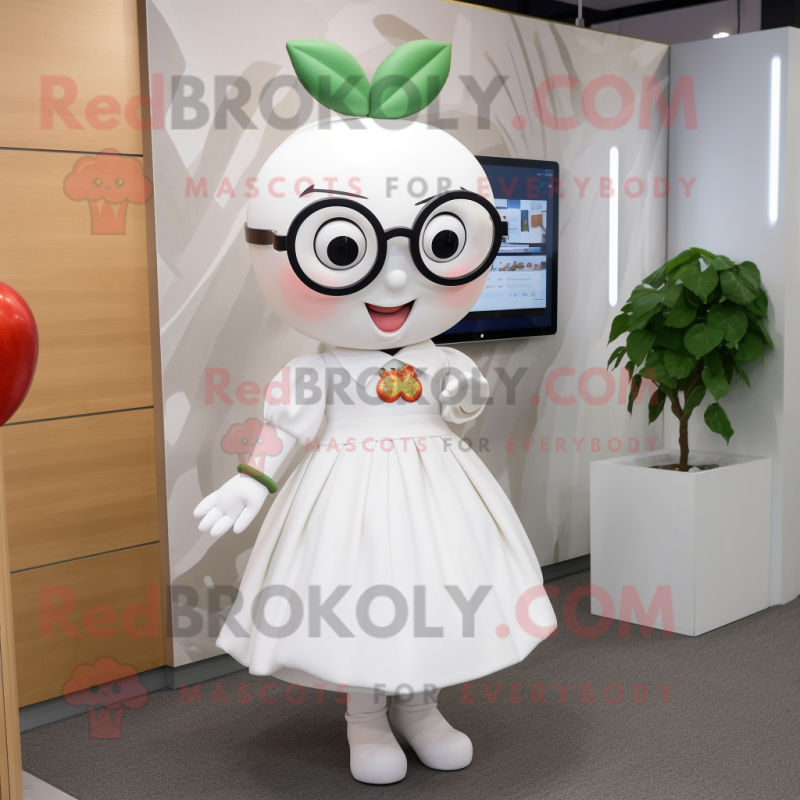 White Apple mascot costume character dressed with a Skirt and Eyeglasses