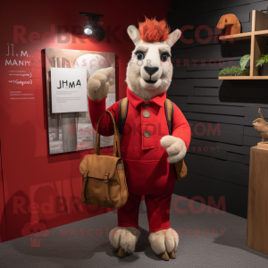 Red Llama mascot costume character dressed with a Oxford Shirt and Messenger bags