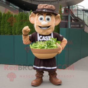 Brown Caesar Salad mascot costume character dressed with a Rugby Shirt and Hats