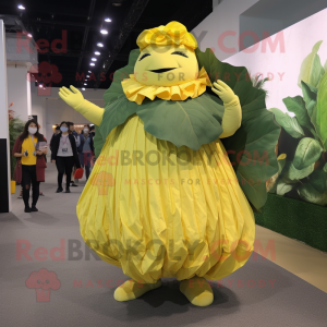 Yellow Cabbage Leaf mascot costume character dressed with a A-Line Skirt and Foot pads
