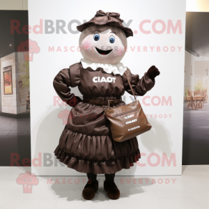 nan Chocolates mascot costume character dressed with a Pleated Skirt and Messenger bags