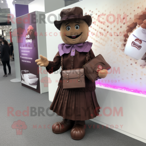 nan Chocolates mascot costume character dressed with a Pleated Skirt and Messenger bags