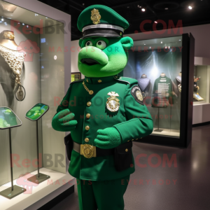 Green Police Officer mascot costume character dressed with a Evening Gown and Necklaces