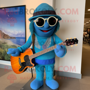 Blue Jambalaya mascot costume character dressed with a Sweater and Sunglasses