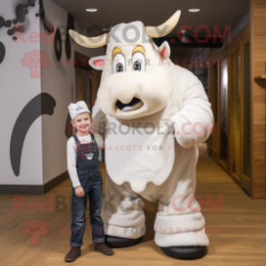 White Beef Stroganoff mascot costume character dressed with a Dungarees and Pocket squares