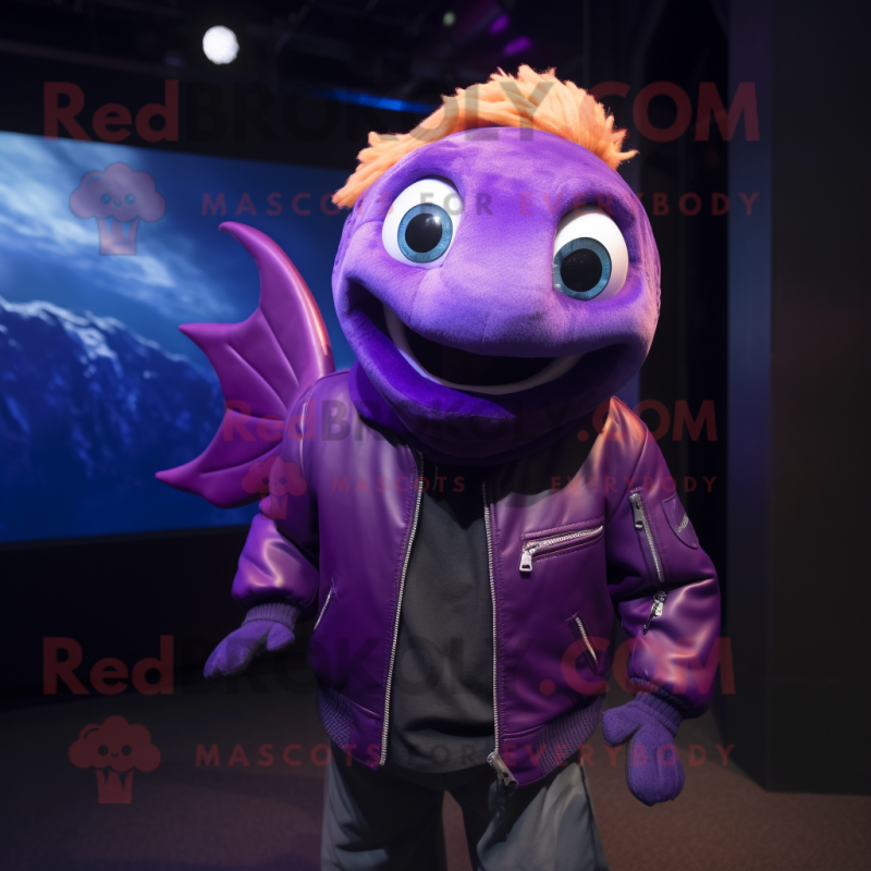 Purple Goldfish mascot costume character dressed with a Leather Jacket ...