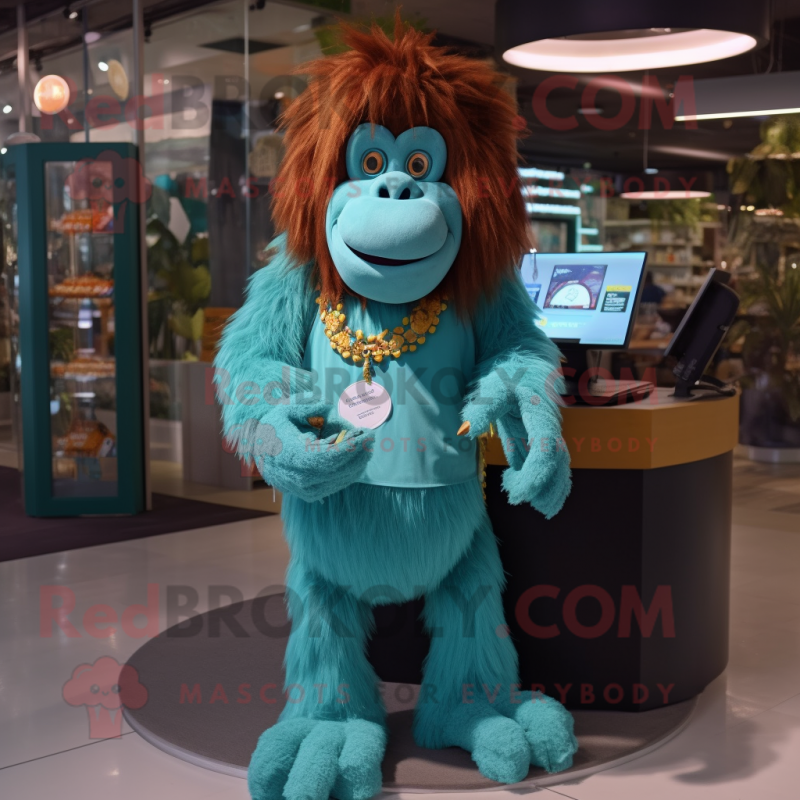 Turquoise Orangutan mascot costume character dressed with a Circle Skirt and Suspenders