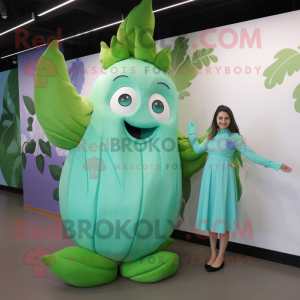 Cyan Beanstalk mascot costume character dressed with a A-Line Dress and Clutch bags