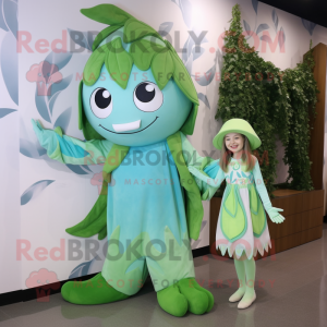 Cyan Beanstalk mascot costume character dressed with a A-Line Dress and Clutch bags