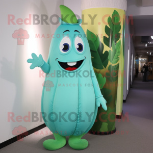 Cyan Beanstalk mascot costume character dressed with a A-Line Dress and Clutch bags