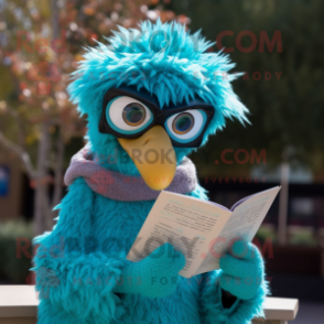 Turquoise Emu mascot costume character dressed with a Sweater and Reading glasses