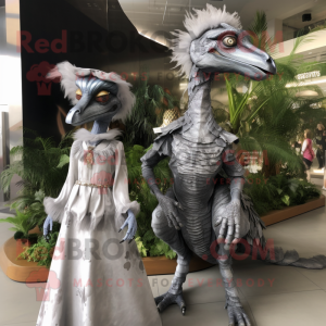 Silver Deinonychus mascot costume character dressed with a A-Line Dress and Brooches