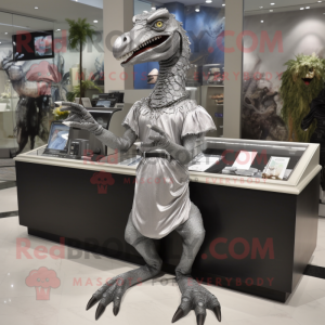 Silver Deinonychus mascot costume character dressed with a A-Line Dress and Brooches