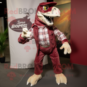 Maroon Utahraptor mascot costume character dressed with a Mom Jeans and Cufflinks