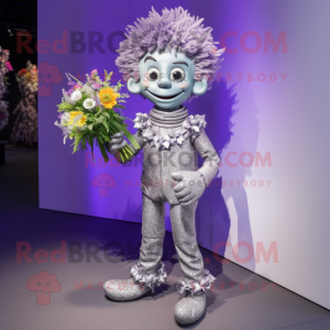 Silver Bouquet Of Flowers mascot costume character dressed with a Romper and Necklaces