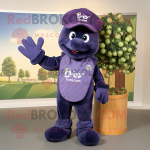 Navy Grape mascot costume character dressed with a Sweater and Mittens