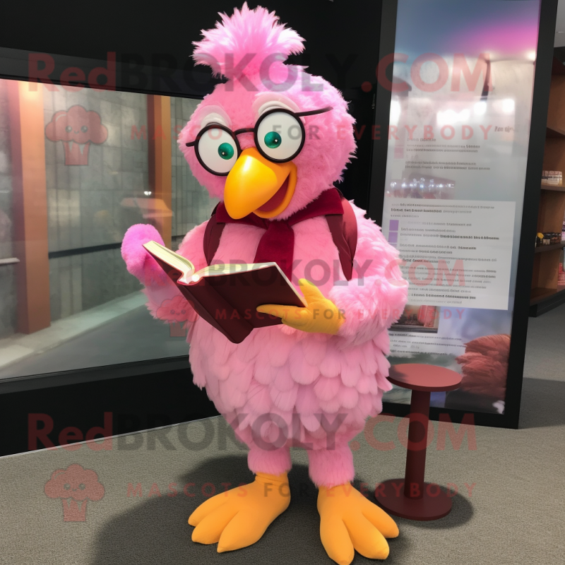 Pink Hens mascot costume character dressed with a Corduroy Pants and Reading glasses