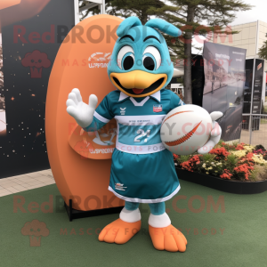 Teal Apricot mascot costume character dressed with a Rugby Shirt and Cummerbunds