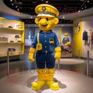 Yellow Navy Soldier mascot costume character dressed with a Trousers and Hat pins