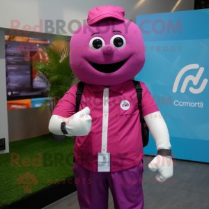 Magenta Ice mascot costume character dressed with a Button-Up Shirt and Smartwatches