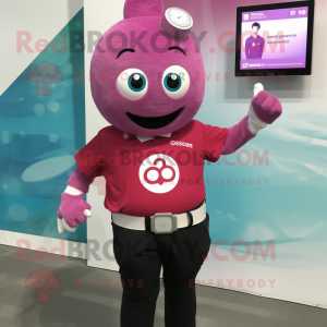 Magenta Ice mascot costume character dressed with a Button-Up Shirt and Smartwatches