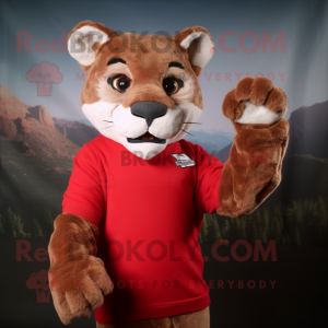 Red Mountain Lion mascot costume character dressed with a Sweater and Suspenders