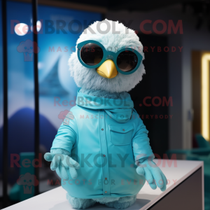 Cyan Gull mascot costume character dressed with a Turtleneck and Sunglasses