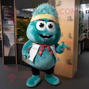 Teal Sushi mascot costume character dressed with a Graphic Tee and Tie pins