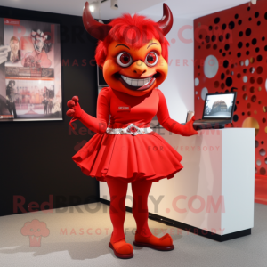 Red Devil mascot costume character dressed with a Pencil Skirt and Hairpins